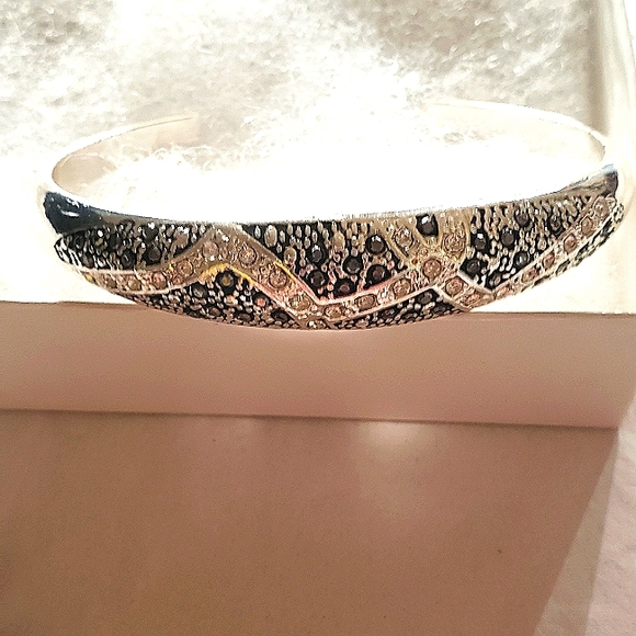 Silver Tone Bracelet Cuff Rhinestones Faux Malachite Pattern Domed - Picture 2 of 3